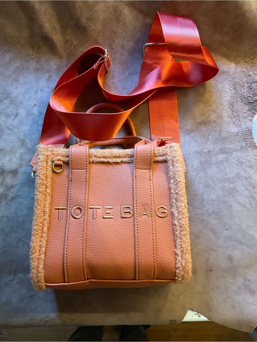 totes Coral Pink Crossbody ToteBag with Shearling Trim